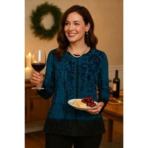 Chico's Dressy Top S Velvet Burnout Blue Black Long Sleeve Romantic Whimsigoth